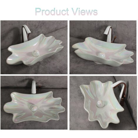 MEJE Évier de salle de bain unique en forme de feuille de lotus de 61 cm, lavabo en céramique au-dessus du comptoir, lavabo artistique, couleur nacrée (comprend un drain pop-up)
