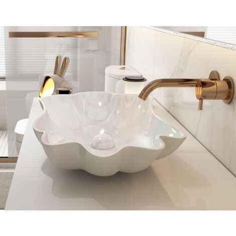 MEJE Évier de salle de bain unique en forme de feuille de lotus de 61 cm, lavabo en céramique au-dessus du comptoir, lavabo artistique, couleur nacrée (comprend un drain pop-up)