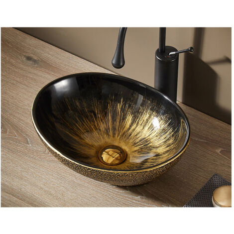 MEJE Vasque ovale de salle de bain en forme d'œuf 40,6 x 33 cm, motif antique, au-dessus du comptoir, vasque de salle de bain, doré vintage