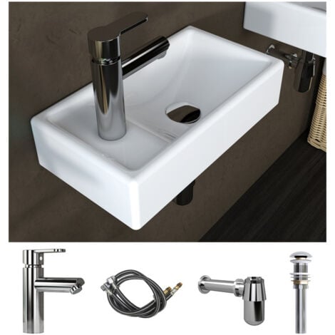 MEJE Lavabo suspendu avec Kit de vidange, mini évier gauche 41x23x10 cm - céramique blanche