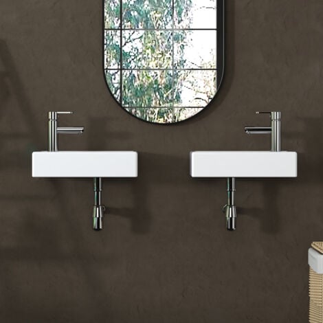 MEJE Lavabo suspendu avec Kit de vidange, mini évier gauche 41x23x10 cm - céramique blanche