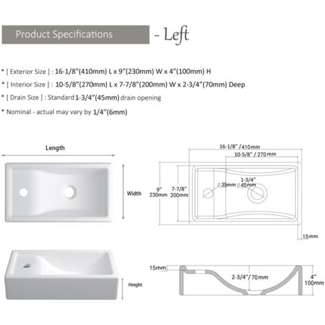 MEJE Lavabo suspendu avec Kit de vidange, mini évier gauche 41x23x10 cm - céramique blanche