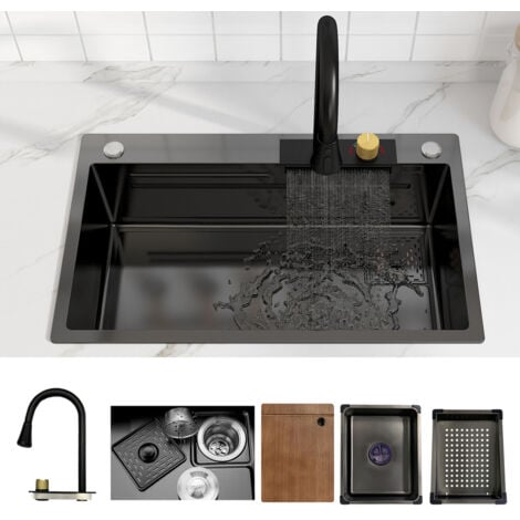 MEJE Évier de cuisine en acier inoxydable 80 x 45 cm avec cascade intégrée et robinet rétractable - Grand bassin avec nano-revêtement noir