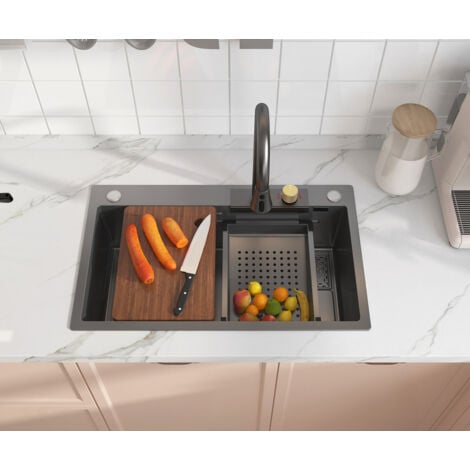 MEJE Évier de cuisine en acier inoxydable 80 x 45 cm avec cascade intégrée et robinet rétractable - Grand bassin avec nano-revêtement noir