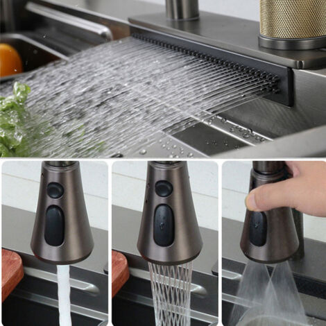 MEJE Évier de cuisine en acier inoxydable 80 x 45 cm avec cascade intégrée et robinet rétractable - Grand bassin avec nano-revêtement noir