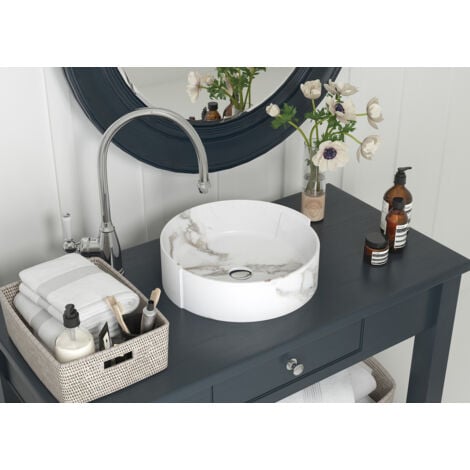 MEJE Lavabo rond de 42,5 cm avec revêtement en marbre noir et blanc - Vasque en porcelaine et céramique (bonde pop-up incluse