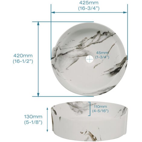 MEJE Lavabo rond de 42,5 cm avec revêtement en marbre noir et blanc - Vasque en porcelaine et céramique (bonde pop-up incluse