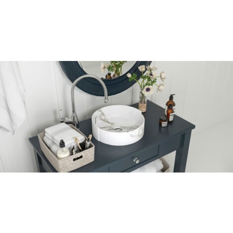MEJE Lavabo rond de 42,5 cm avec revêtement en marbre noir et blanc - Vasque en porcelaine et céramique (bonde pop-up incluse