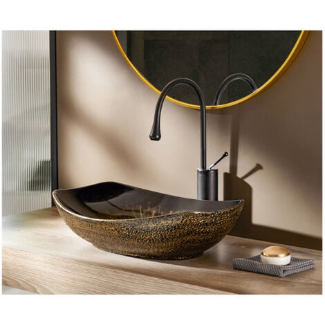 MEJE Lavabo ovale en porcelaine et céramique, avec bord doré, vintage, 56 x 40 cm