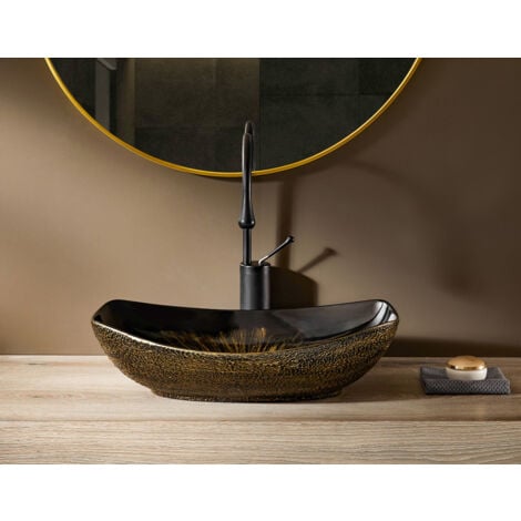 MEJE Lavabo ovale en porcelaine et céramique, avec bord doré, vintage, 56 x 40 cm