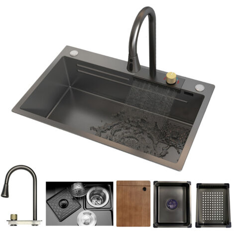 MEJE Évier de cuisine en acier inoxydable 80 x 45 cm avec cascade intégrée et robinet extractible - grande vasque avec revêtement nano, gris