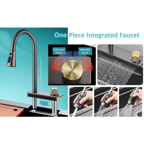 MEJE Évier de cuisine en acier inoxydable 80 x 45 cm avec cascade intégrée et robinet extractible - grande vasque avec revêtement nano, gris