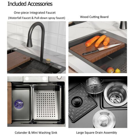 MEJE Évier de cuisine en acier inoxydable 80 x 45 cm avec cascade intégrée et robinet extractible - grande vasque avec revêtement nano, gris
