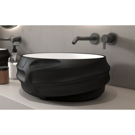 MEJE Évier en relief de 44,9 x 37,9 x 17,8 cm avec vernis noir, évier de salle de bain au-dessus du comptoir, lavabo en porcelaine et céramique, lavabo d'art