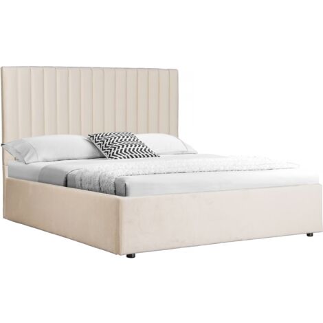 Habitat Et Jardin – Lit coffre 160 x 200 cm en velours beige – Coffre de rangement intégré – Structure en bois – Tête de lit rembourrée pour confort