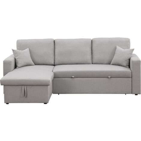 Habitat Et Jardin – Canapé d'angle convertible 3 places avec coffre – Lin gris clair – Structure en bois d'eucalyptus – Rembourrage mousse recyclée 50kg/m3 (1/4)