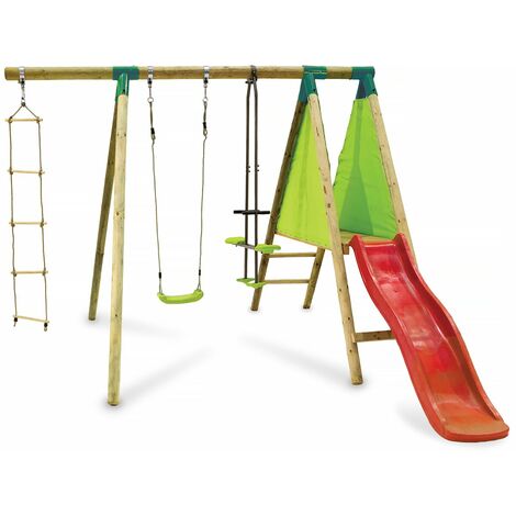 Habitat Et Jardin – Portique en bois Kida avec toboggan 172 cm – 1 balançoire, 1 vis-à-vis, 1 nacelle – Structure en pin traité autoclave – Dimensions 300x250x100 cm (1/3)