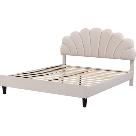 Concept-Usine – Lit coquillage en velours beige 140 x 190 cm – Structure bois – Hauteur tête de lit ajustable – Design élégant pour chambre moderne (1/4)