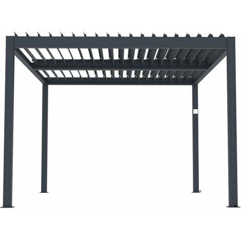 Habitat Et Jardin – Pergola bioclimatique électrique 3 x 4 en aluminium gris – Lames orientables – LED intégrée – Résistance au vent 20 m/s (1/4)