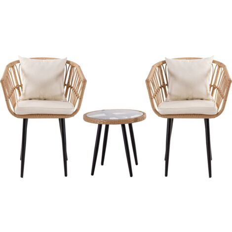 Habitat Et Jardin – Salon de jardin en rotin 2 places – Structure acier noir – 2 chaises 57x58x83 cm – Table avec plateau en verre 45x43.5 cm (1/4)