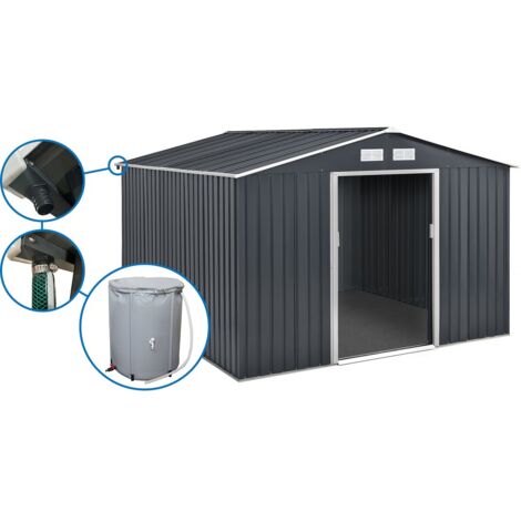 Habitat Et Jardin – Abri de jardin métal 12.98 m² – Acier galvanisé résistant aux UV – Gouttière et récupérateur d'eau 250L – Double porte coulissante (1/4)