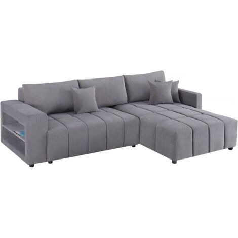 Palozi Sofa – Canapé d'angle convertible 3 places en tissu chenille gris – Rangement sous l'assise et étagères sur l'accoudoir – Réversible