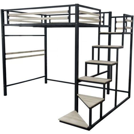 Lit mezzanine en métal avec escalier "LENA" - 140 x 190 cm - Noir