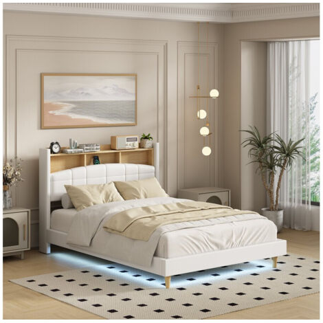 Lit Capitonné Double 140x190 Cm Avec Tiroirs Et LEDs - Tête De Lit Rangement + Ports USB - Beige