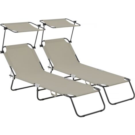 Habitat Et Jardin – Lot de 2 bains de soleil pliables inclinables – Structure en métal – Dimensions 180 x 54.5 x 73 cm – Pare-soleil réglable – Taupe (1/4)