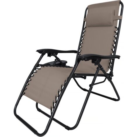 Habitat Et Jardin – Fauteuil de jardin relax zéro gravité inclinable – Dimensions 160 x 64 x 109 cm – Structure métal – Textilène taupe avec porte-gobelet (1/4)