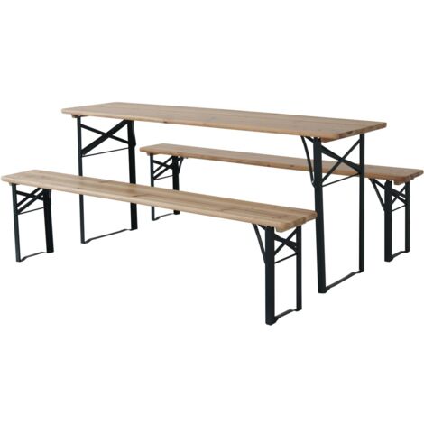 Habitat Et Jardin – Table de jardin pliante avec 2 bancs Lisbonne – 176 x 46 x 75 cm – Bois de pin et métal – Pour 4 à 6 personnes – Marron
