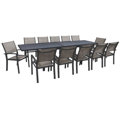 Salon de jardin repas extensible "Lagos" - 200/320 x 105 x 76 cm - 12 chaises - Taupe (1/4)