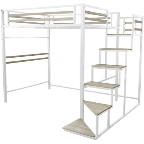 Habitat Et Jardin – Lit mezzanine métal blanc 140 x 190 cm – Escalier sécurisé – Hauteur de couchage 35 cm – Poids supporté 200 kg – Gain d'espace (1/4)