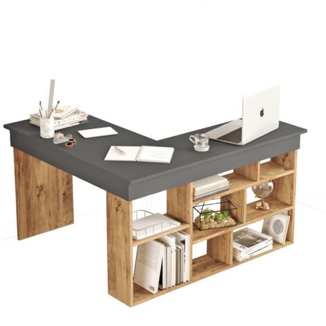 Bureau en bois "CT5" - 129 x 120 x 72 cm - Pin atlantique Anthracite (1/4)