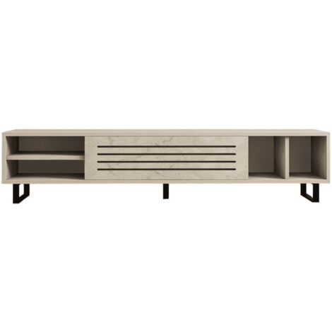 CALICOSY - Meuble TV 1 porte abattante et 4 niches décor travertin L160 cm - SAFIR (1/5)