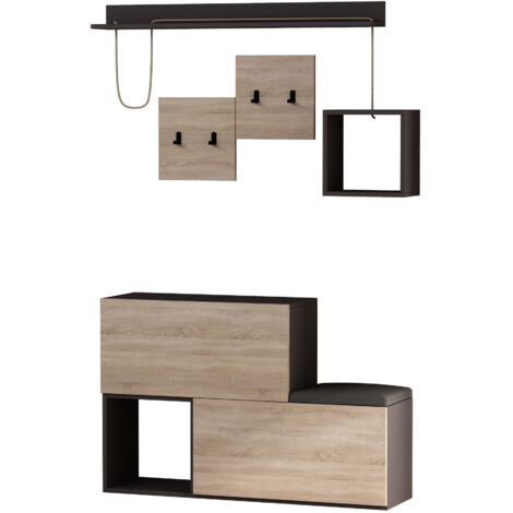 Cotecosy – Meuble d'entrée en bois – 120 x 32 x 78 cm – 1 meuble à chaussures avec assise – 2 portes manteaux avec crochets – Gris anthracite (1/5)