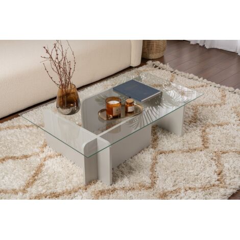 Table basse gigogne en verre trempé gris 105x65x30 cm – Cadre en panneaux de particules – Design minimaliste pour salon ou bureau (1/5)