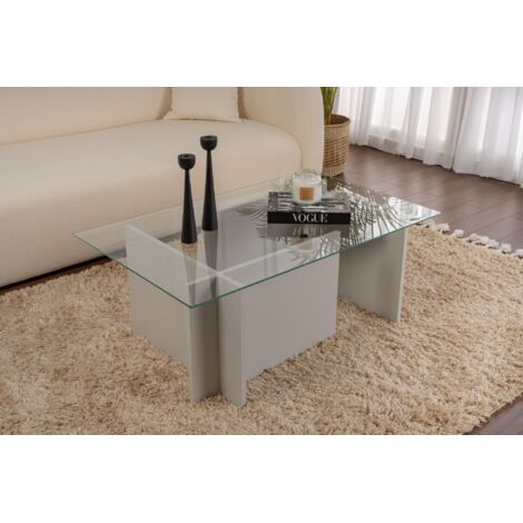 Table Basse Verre Fixe Gigogne Rectangulaire Bois en Gris 105x65x40 cm Pour Salon ou Bureau (1/5)