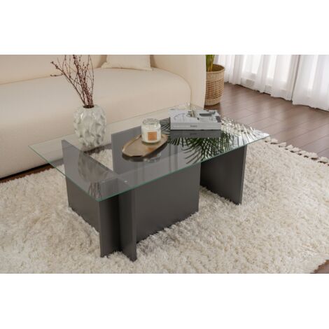 Calicosy – Table basse fixe rectangulaire en verre trempé anthracite 105x65x40 cm – Design moderne pour salon ou bureau – Plateau 18 mm d'épaisseur (1/5)
