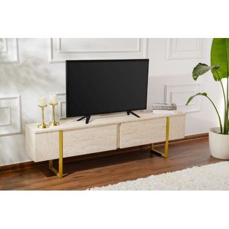 Meuble TV en bois travertin 180 x 30 x 50 cm – Design moderne avec 4 portes et 4 étagères – Finition mélaminée élégante (1/10)