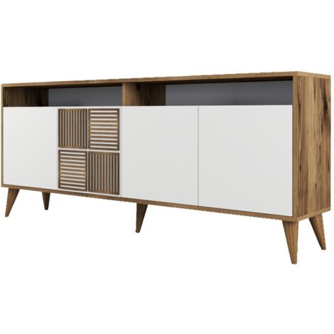 Cotecosy – Buffet en aggloméré 4 portes blanc et noyer 180cm – Panneaux mélaminés – Épaisseur 18mm – Fabrication européenne – Label FSC (1/5)