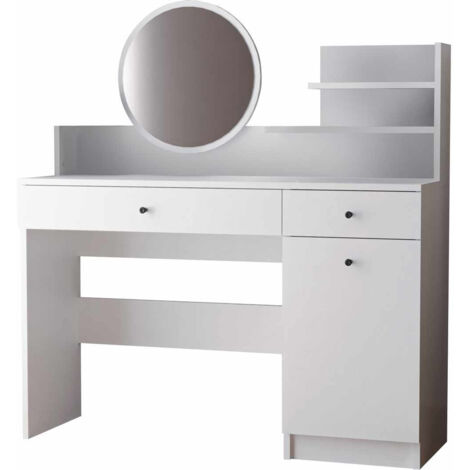 Coiffeuse avec miroir rond en bois "Harmony Round" - 124 x 40 x 135 cm - Blanc (1/4)