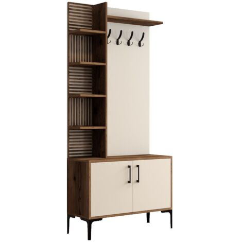 Meuble d'Entrée en bois "Viyana D" - 35 x 90 x 200 cm - Noyer, Crème