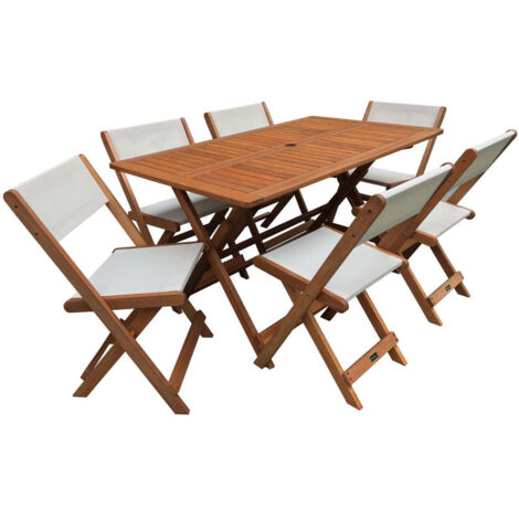 Habitat Et Jardin – Ensemble table et chaise de jardin 6 places – Bois massif Malaisie – Table pliante 135x80cm – Chaises pliantes en textilène beige (1/4)