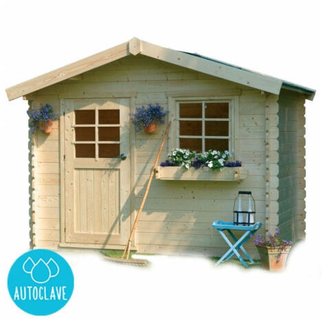 Abri de jardin bois Sologne – Modèle imprégné vert – 8.88 m² – Dimensions extérieures 298 x 298 x 239 cm – Épaisseur madriers 28 mm – Système d'aération – Solid (1/4)