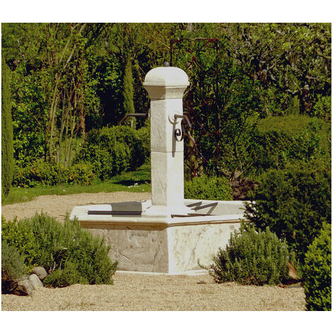 Habitat Et Jardin – Fontaine de jardin Séville – Pierre reconstituée – Diamètre 180 cm – Hauteur 168 cm – 3 becs verseurs – 6 barres repose-seau
