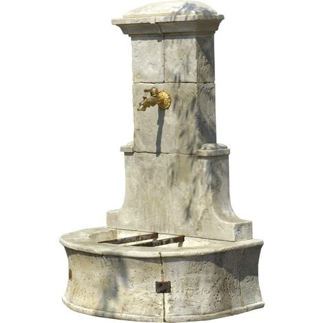 Habitat Et Jardin – Fontaine de jardin en pierre reconstituée 79 x 49 x 113 cm – Résistante aux intempéries – Bac avec évacuation et robinet en laiton