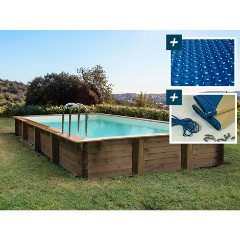 Habitat Et Jardin – Piscine bois hors sol rectangle 7.20 x 4.20 x 1.44 m – Pin traité autoclave – Volume 33 m³ – Filtration 8.3 m³/h – Bâches hiver et bulles