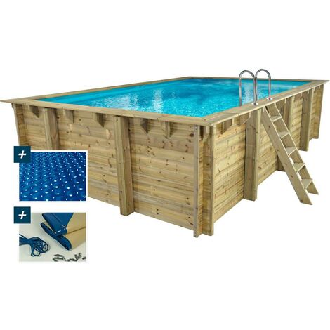 Habitat Et Jardin – Piscine bois rectangle 6.20 x 4.10 x 1.45 m – Pin traité autoclave IV – Liner 75/100e – Filtration sable 5.7 m³/h – Bâche hiver 280 g/m²