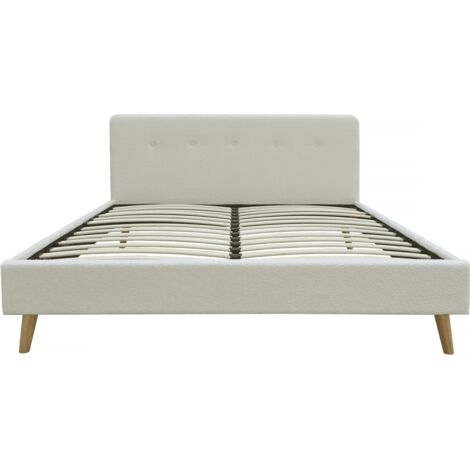 Habitat Et Jardin – Lit adulte tissu bouclettes 140x190 cm – Structure bois – Tête de lit capitonnée – Couleur crème – Sommier inclus (1/4)